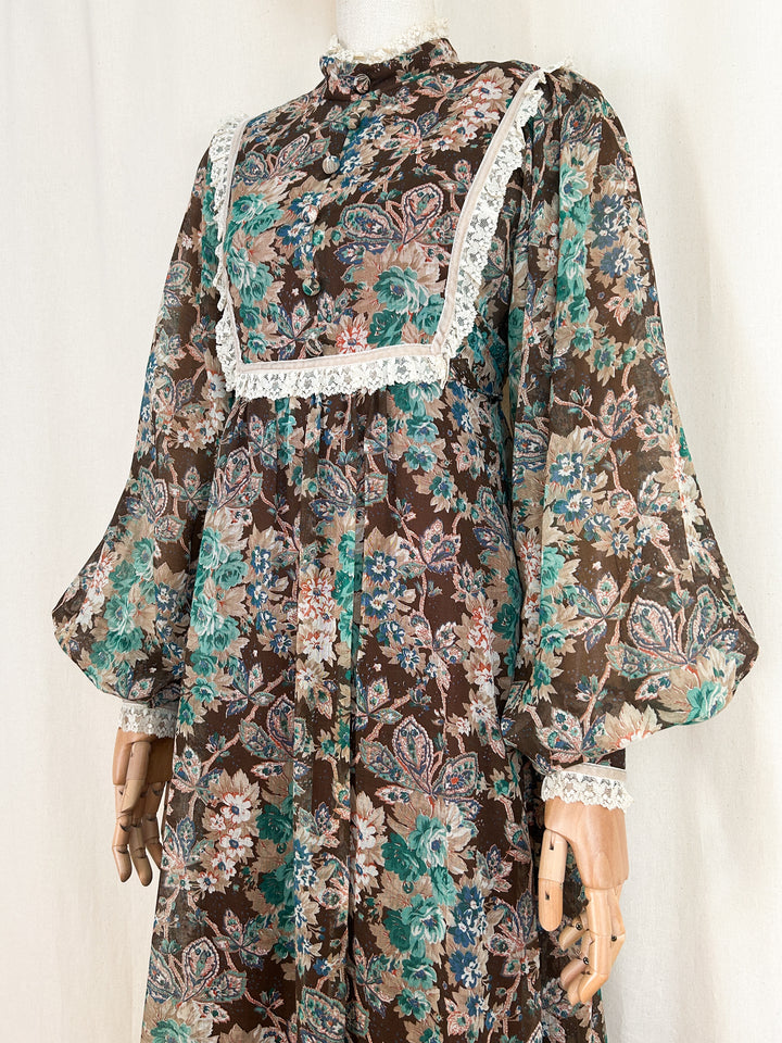 Insanely Beautiful Rare 70s Billowing Sleeve Cotton Floral Prairie Dress