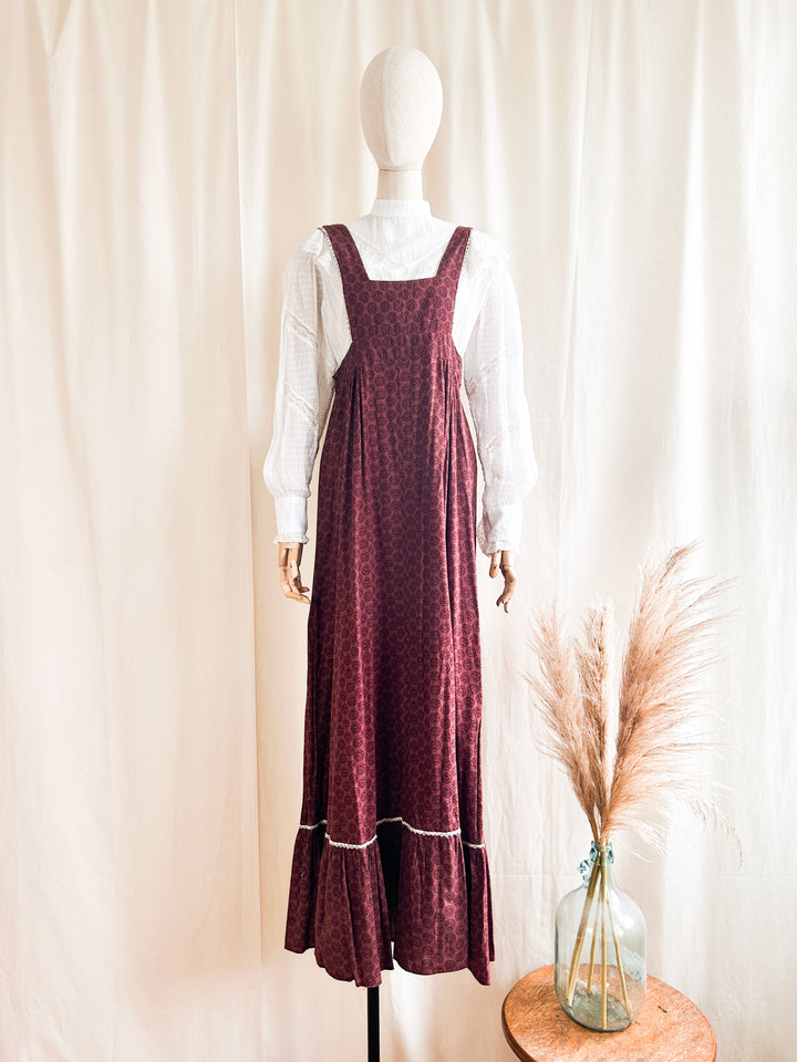 Precious 1970s Shelena Burgundy Cotton Pinafore Dress