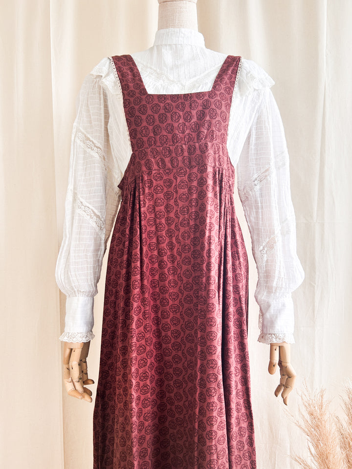 Precious 1970s Shelena Burgundy Cotton Pinafore Dress