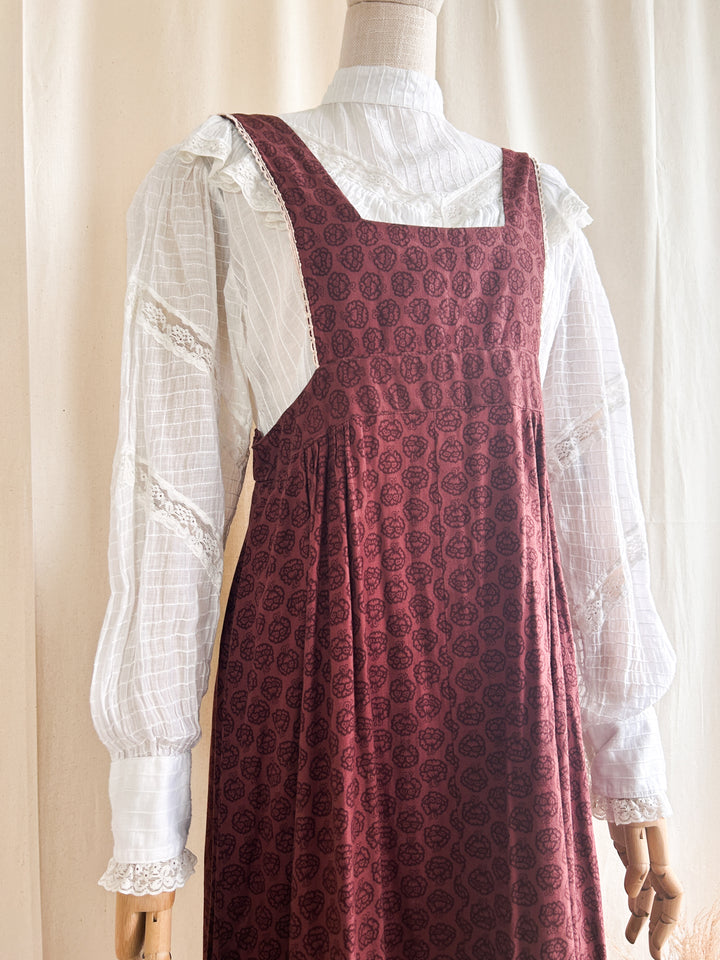 Precious 1970s Shelena Burgundy Cotton Pinafore Dress