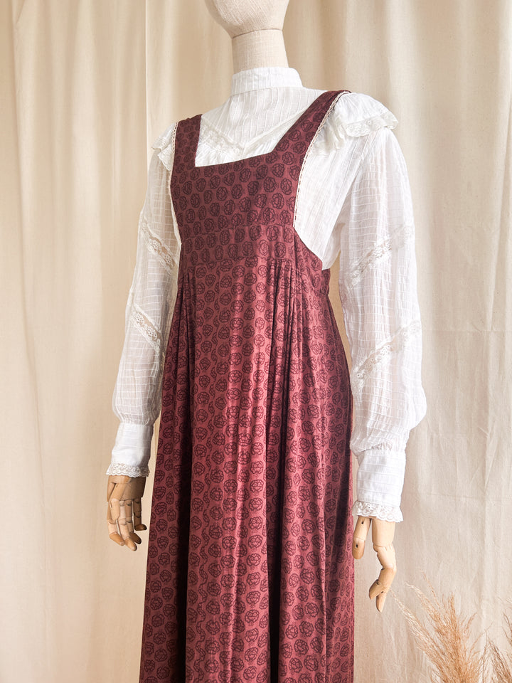 Precious 1970s Shelena Burgundy Cotton Pinafore Dress