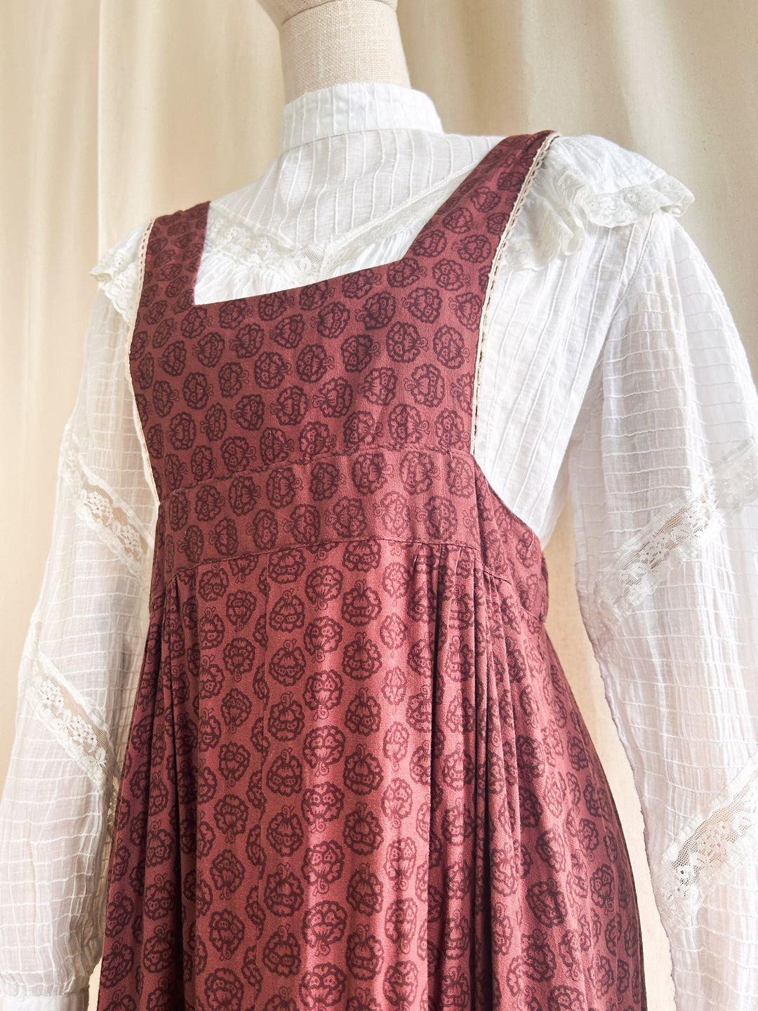 Precious 1970s Shelena Burgundy Cotton Pinafore Dress