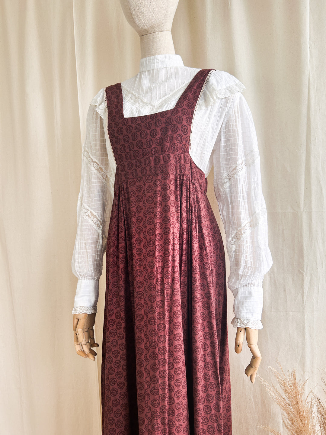 Precious 1970s Shelena Burgundy Cotton Pinafore Dress