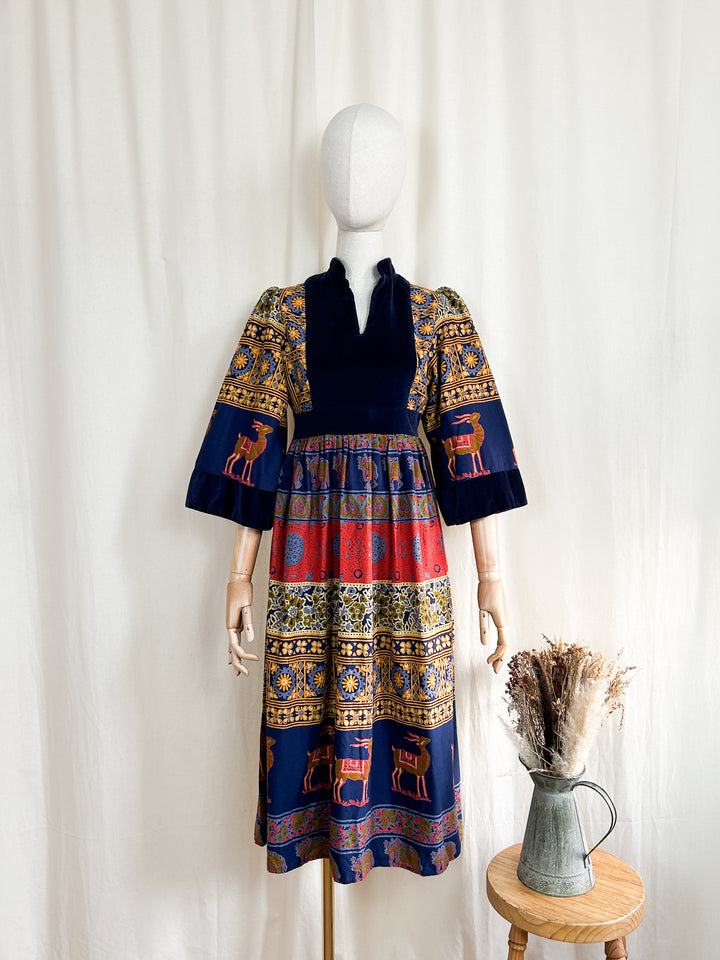 Sensational 70s Bohemian Velvet Bodice Cotton Midi Dress by Jon Adam