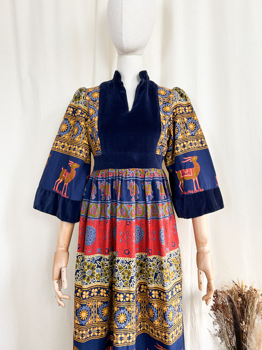 Sensational 70s Bohemian Velvet Bodice Cotton Midi Dress by Jon Adam