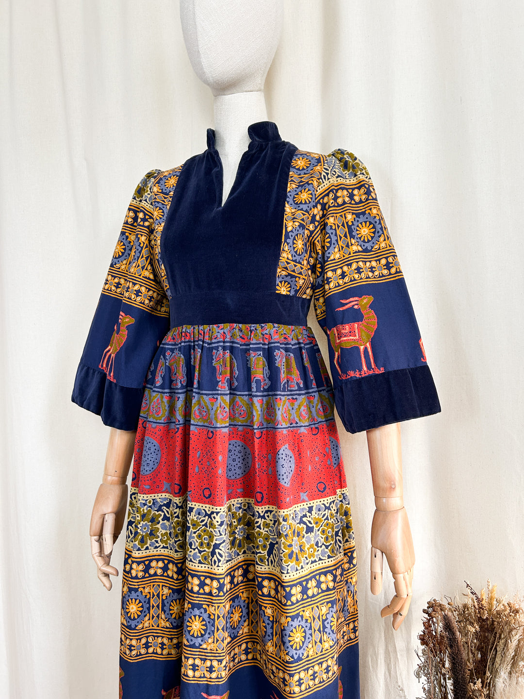 Sensational 70s Bohemian Velvet Bodice Cotton Midi Dress by Jon Adam