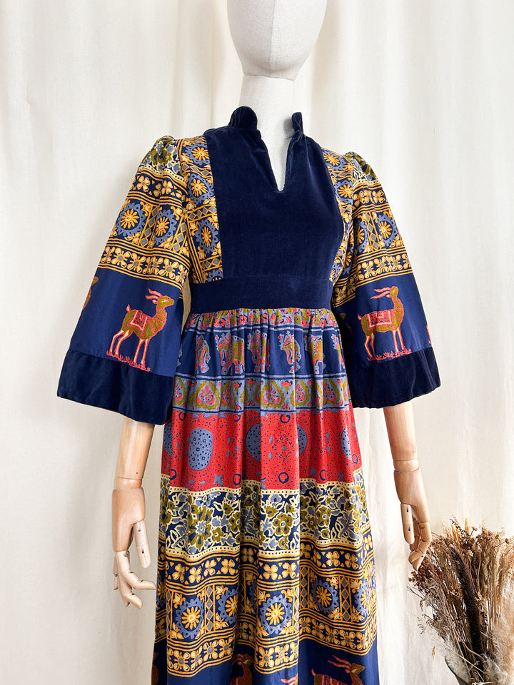 Sensational 70s Bohemian Velvet Bodice Cotton Midi Dress by Jon Adam