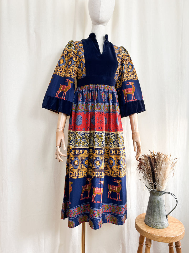 Sensational 70s Bohemian Velvet Bodice Cotton Midi Dress by Jon Adam