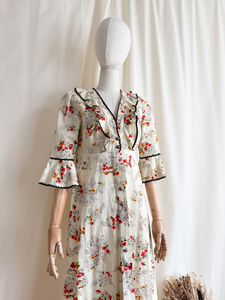Beautiful 1970s Cotton Floral Button Through Maxi Dress