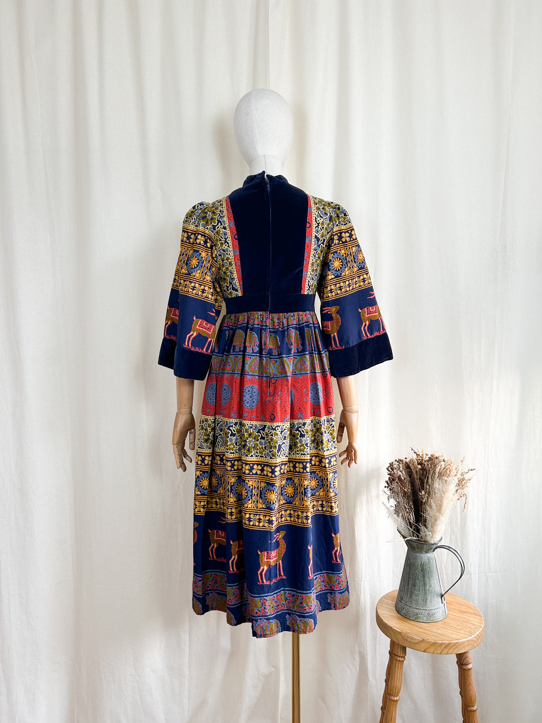 Sensational 70s Bohemian Velvet Bodice Cotton Midi Dress by Jon Adam