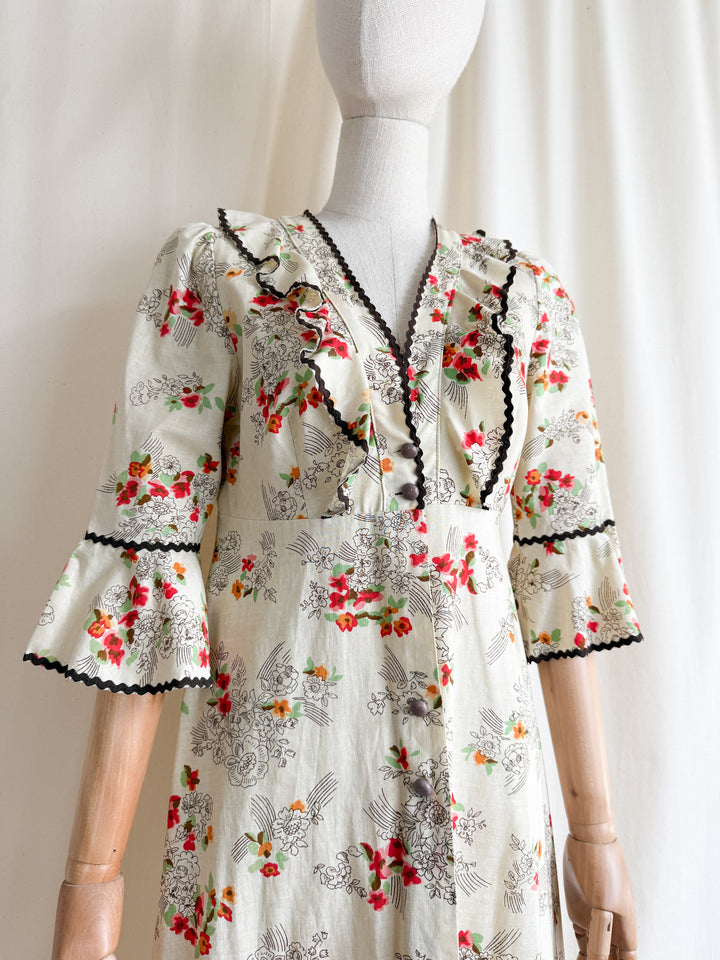 Beautiful 1970s Cotton Floral Button Through Maxi Dress