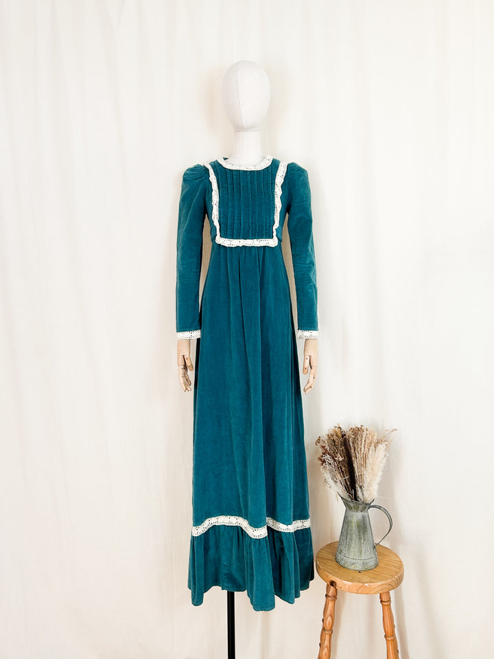 Preciously Rare Early 70s Teal Cotton Corduroy London Mob Maxi Dress