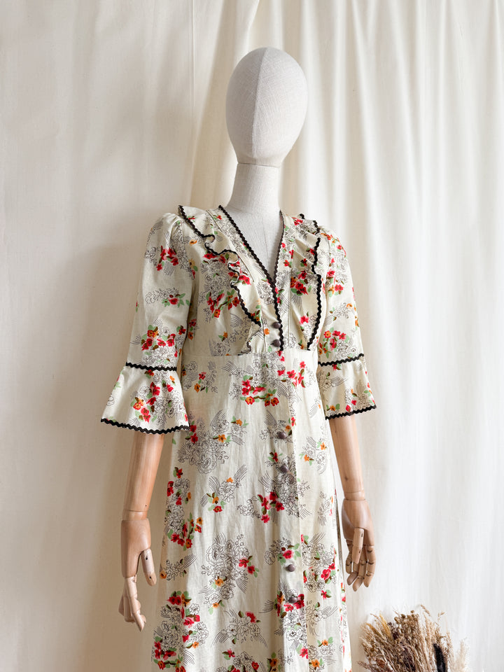 Beautiful 1970s Cotton Floral Button Through Maxi Dress
