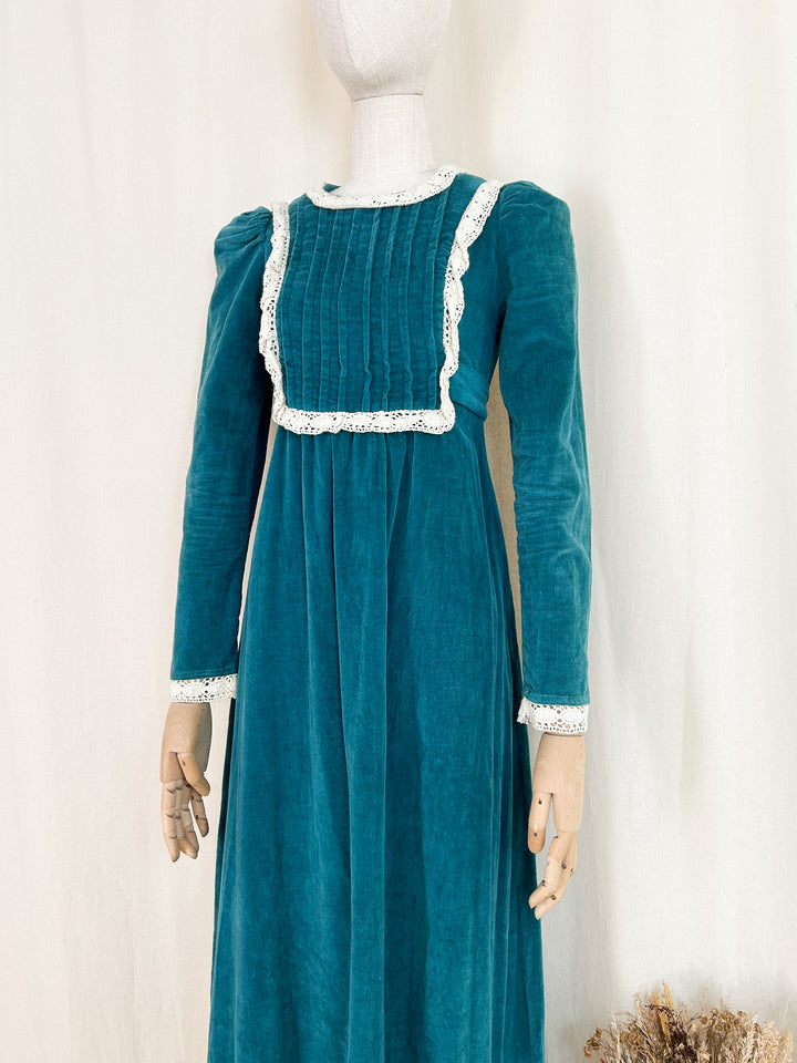 Preciously Rare Early 70s Teal Cotton Corduroy London Mob Maxi Dress