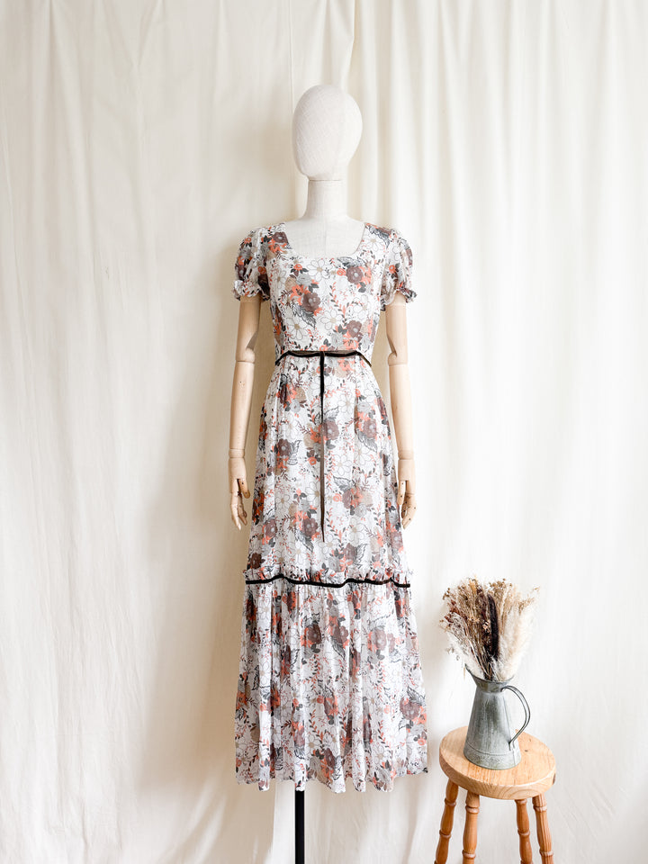 Gorgeous 1970s Autumnal Floral Cotton Prairie Maxi Dress by English Lady