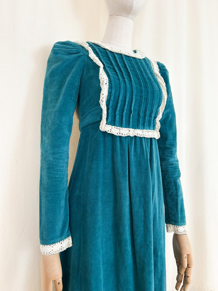 Preciously Rare Early 70s Teal Cotton Corduroy London Mob Maxi Dress