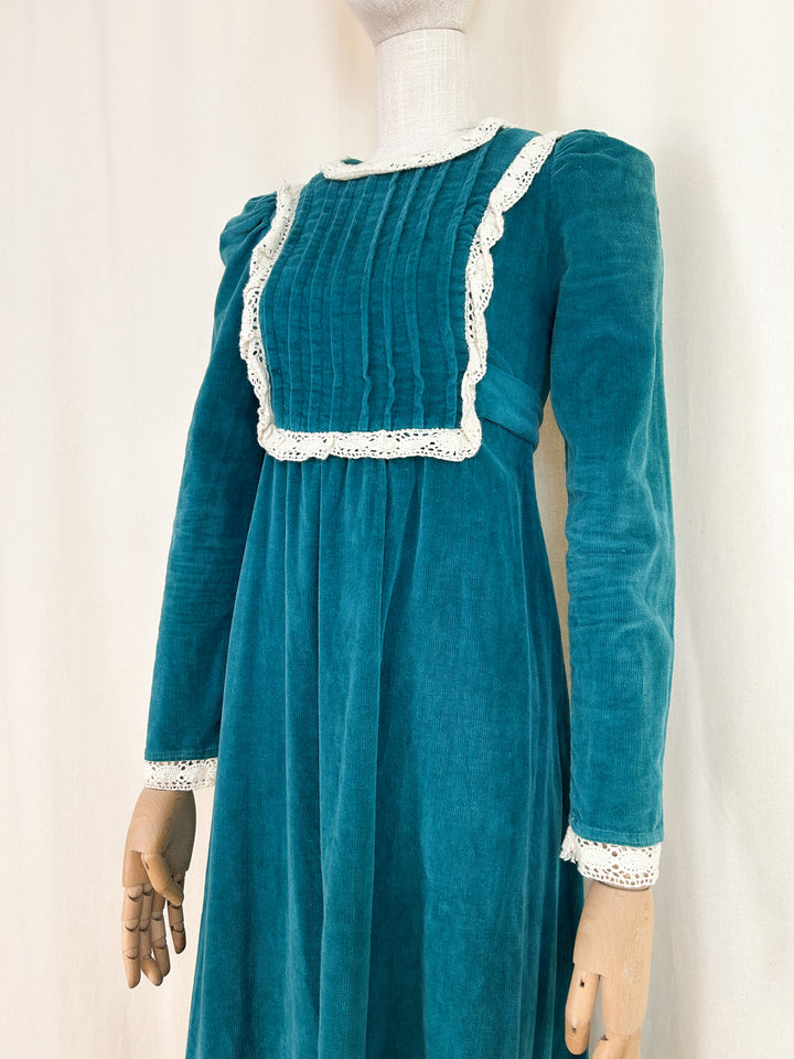 Preciously Rare Early 70s Teal Cotton Corduroy London Mob Maxi Dress