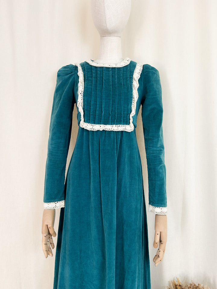 Preciously Rare Early 70s Teal Cotton Corduroy London Mob Maxi Dress