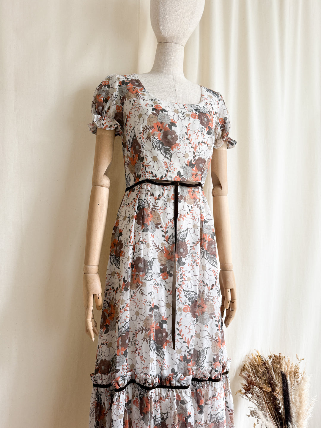 Gorgeous 1970s Autumnal Floral Cotton Prairie Maxi Dress by English Lady