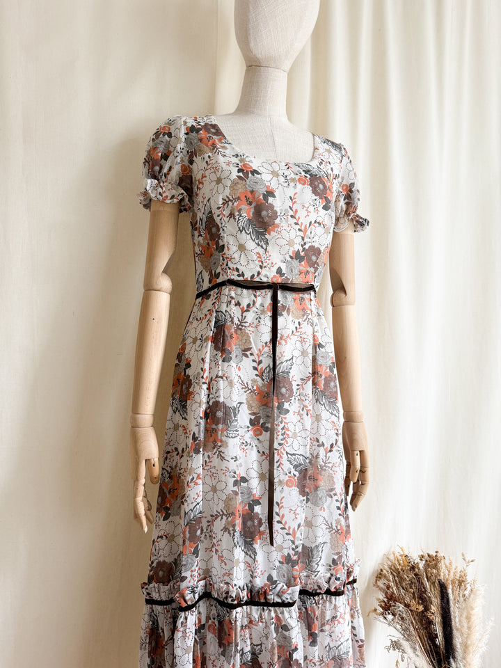 Gorgeous 1970s Autumnal Floral Cotton Prairie Maxi Dress by English Lady