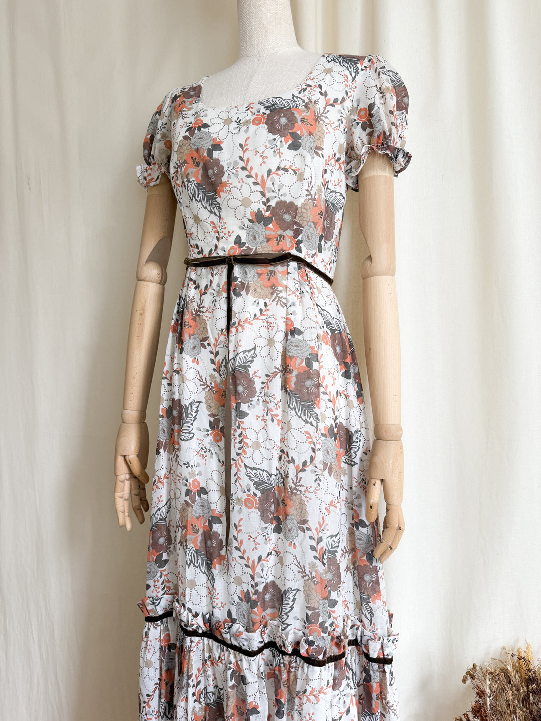Gorgeous 1970s Autumnal Floral Cotton Prairie Maxi Dress by English Lady