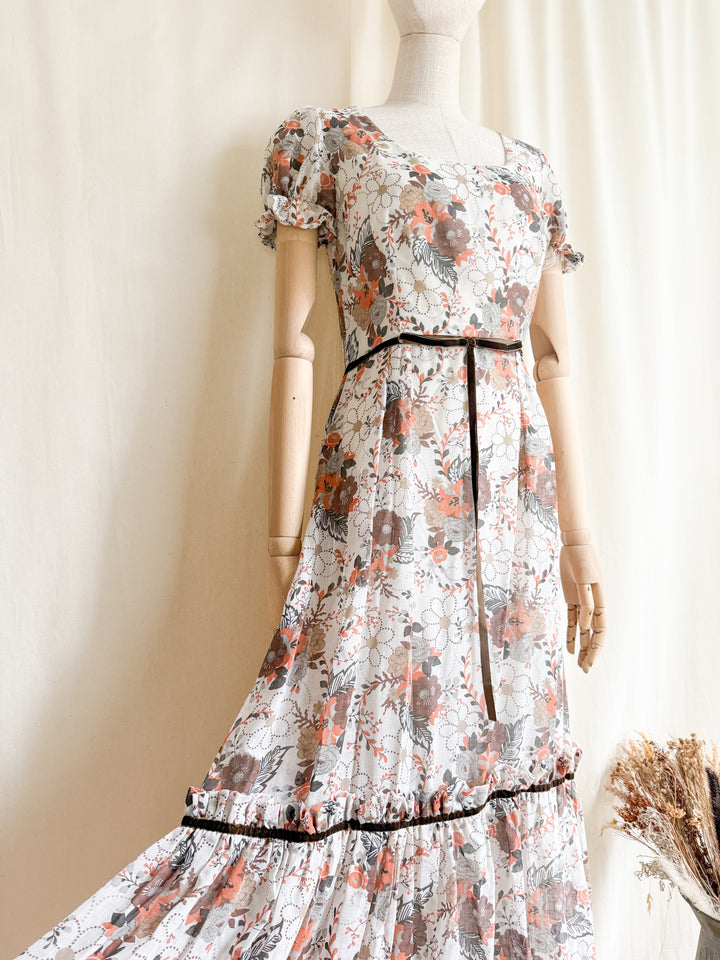 Gorgeous 1970s Autumnal Floral Cotton Prairie Maxi Dress by English Lady
