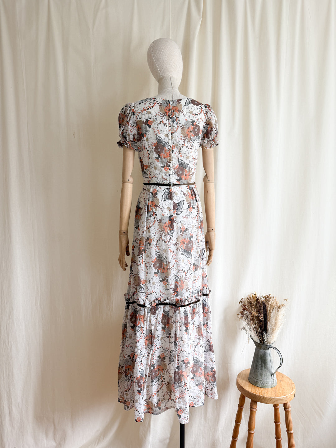 Gorgeous 1970s Autumnal Floral Cotton Prairie Maxi Dress by English Lady