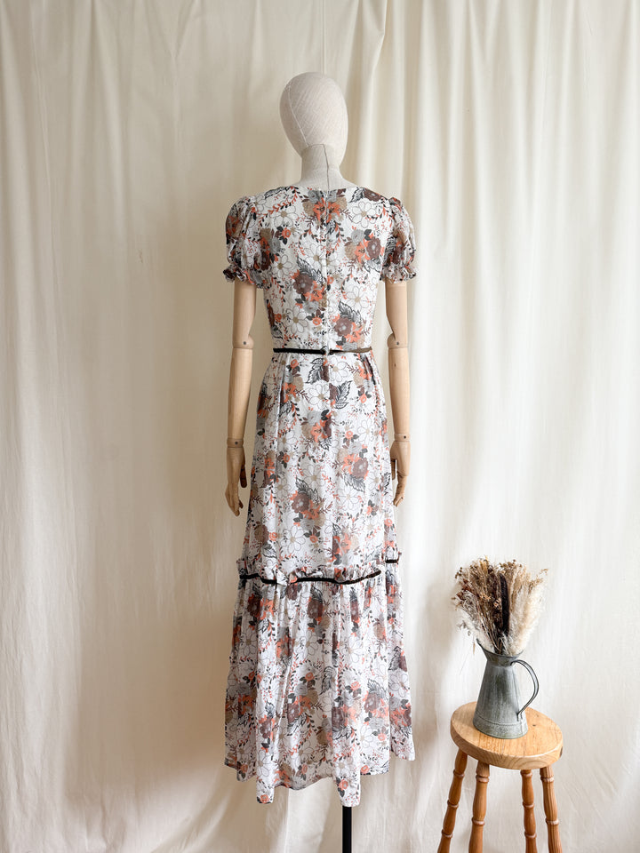 Gorgeous 1970s Autumnal Floral Cotton Prairie Maxi Dress by English Lady