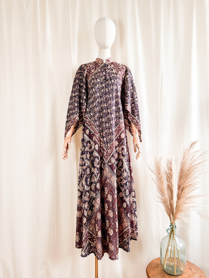 Holy Grail Rare Precious Phool Pure Silk Block Print 1970s Kaftan Maxi Dress