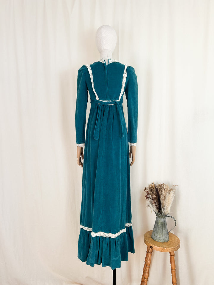 Preciously Rare Early 70s Teal Cotton Corduroy London Mob Maxi Dress