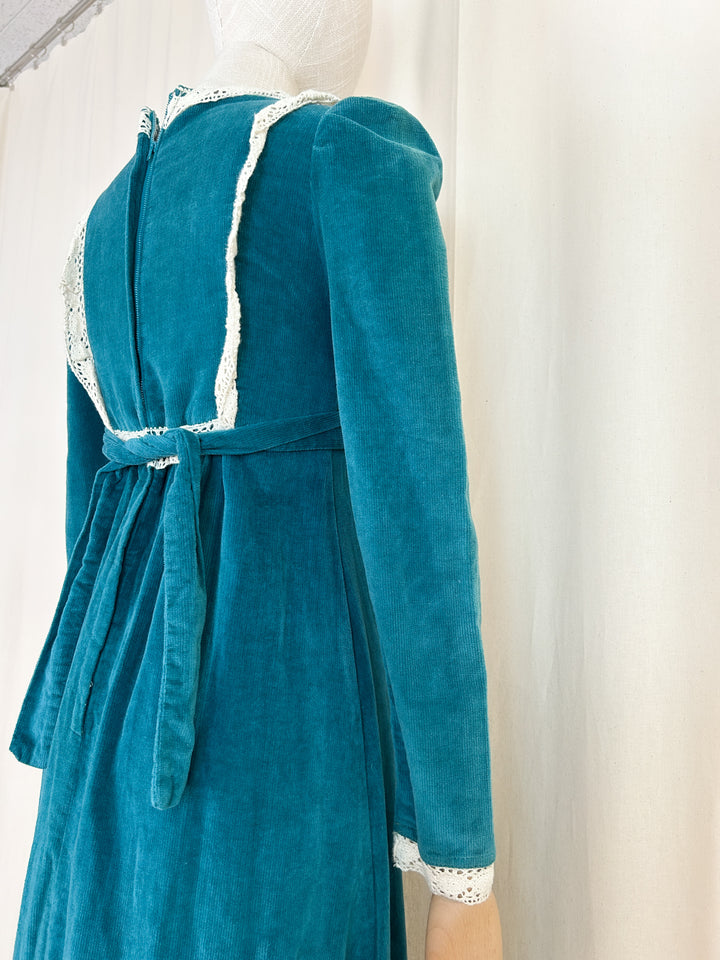 Preciously Rare Early 70s Teal Cotton Corduroy London Mob Maxi Dress