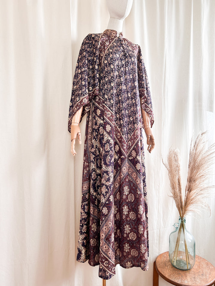 Holy Grail Rare Precious Phool Pure Silk Block Print 1970s Kaftan Maxi Dress