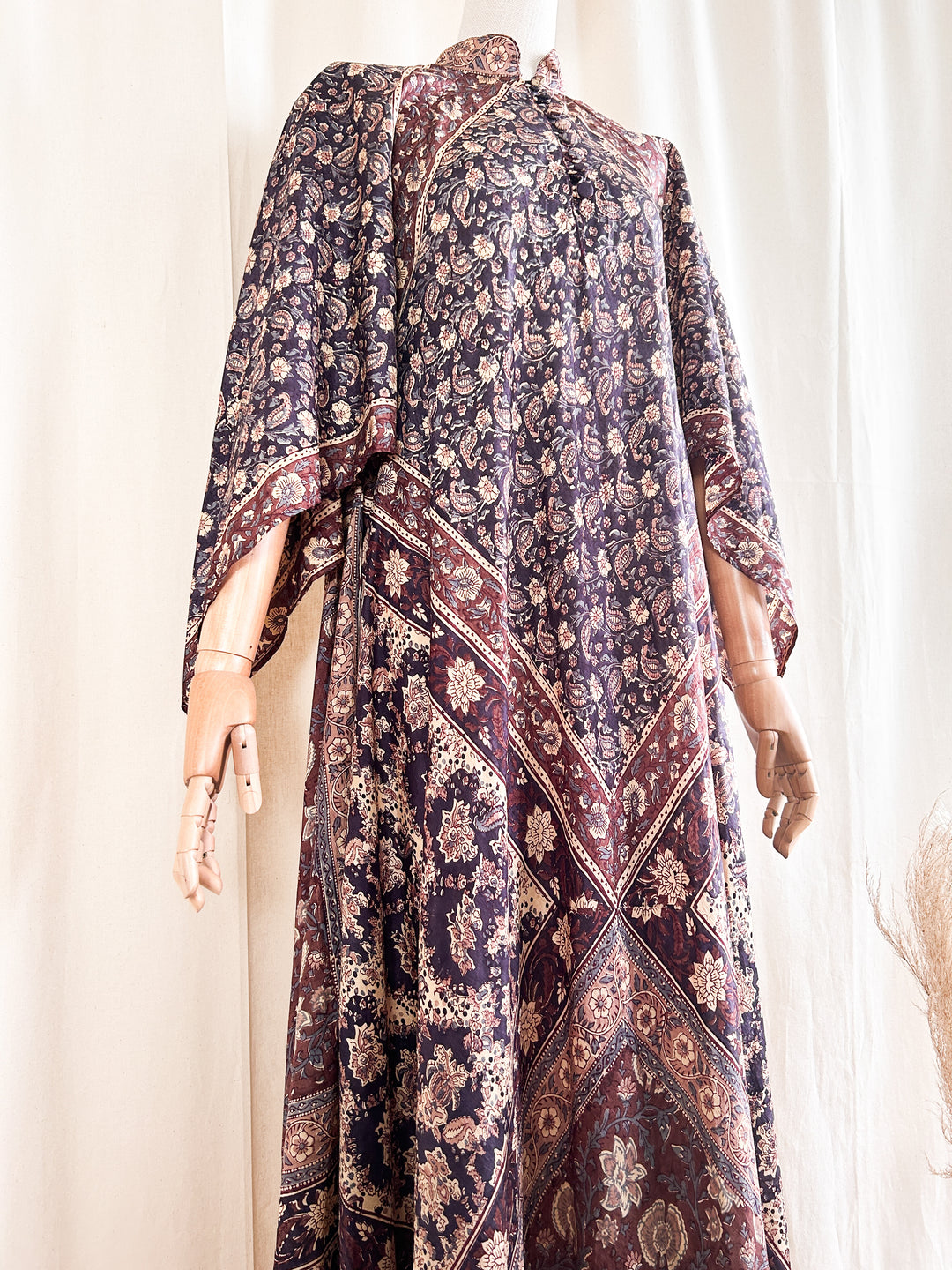 Holy Grail Rare Precious Phool Pure Silk Block Print 1970s Kaftan Maxi Dress