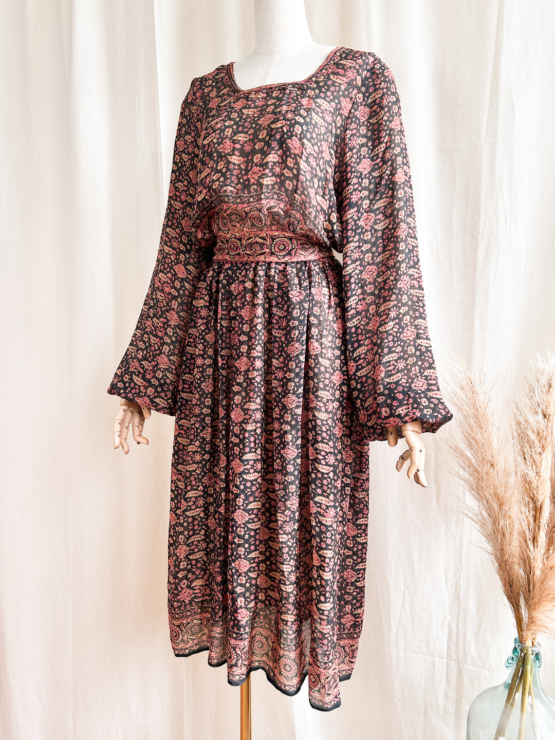 Insane Holy Grail Rare Precious 1970s Block Print Pure Silk Midi Dress