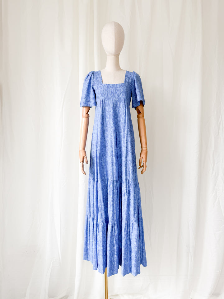 Precious Rare 1970s The Dove Clothing Company Blue Floral Cotton Maxi Dress