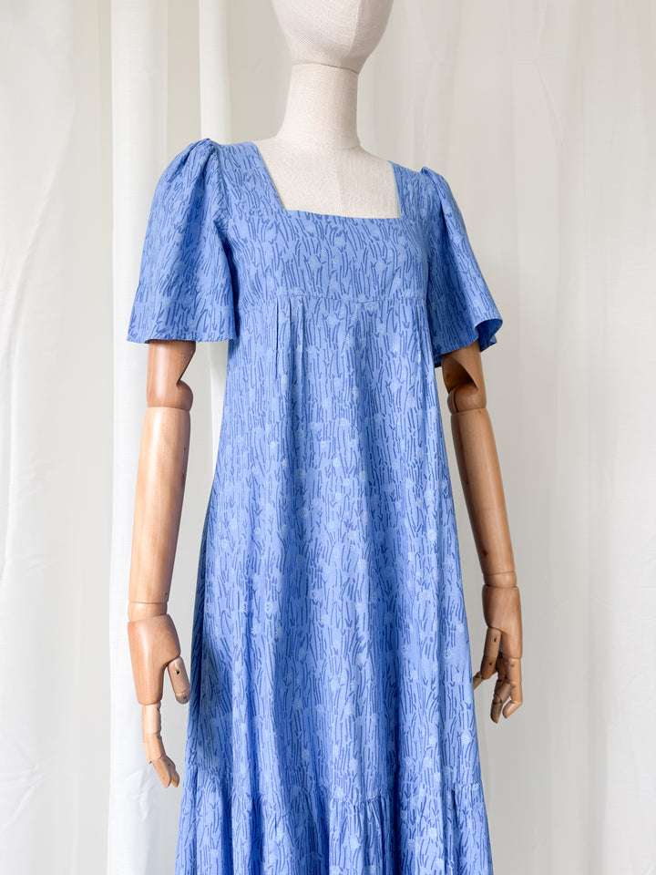 Precious Rare 1970s The Dove Clothing Company Blue Floral Cotton Maxi Dress