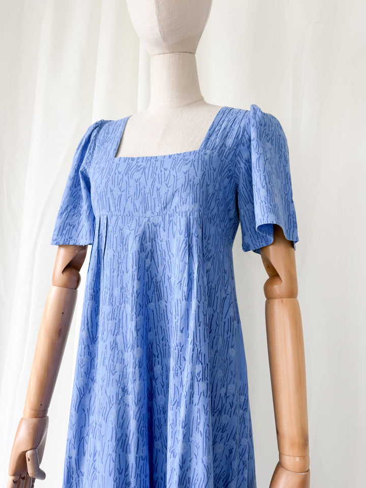 Precious Rare 1970s The Dove Clothing Company Blue Floral Cotton Maxi Dress
