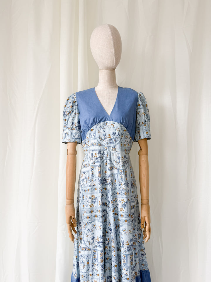 Divine Rare 1970s One of a Kind Trellis Floral Cotton Maxi Dress
