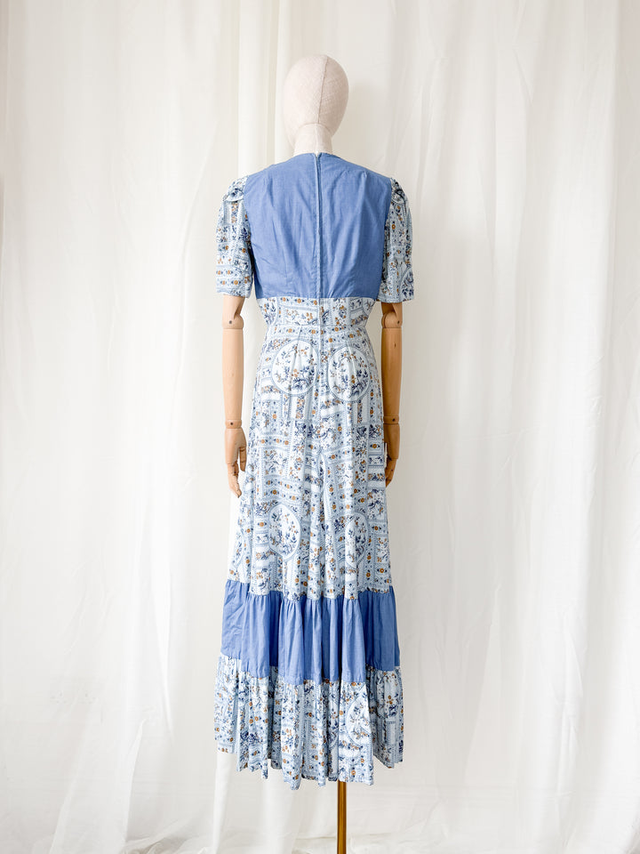 Divine Rare 1970s One of a Kind Trellis Floral Cotton Maxi Dress