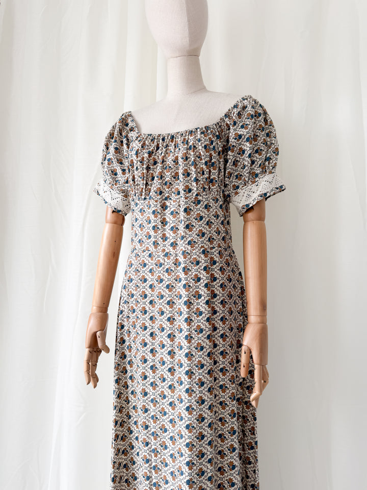 Beautiful Rare 1970s Bohemian Cotton Trellis Floral Maxi Dress