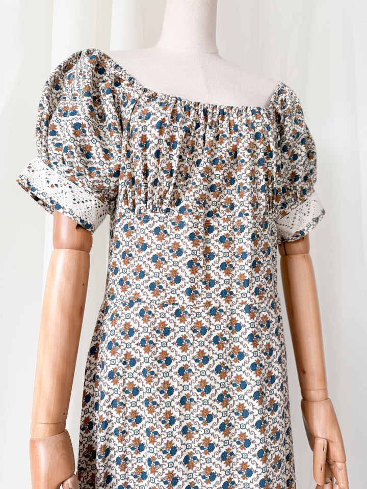 Beautiful Rare 1970s Bohemian Cotton Trellis Floral Maxi Dress
