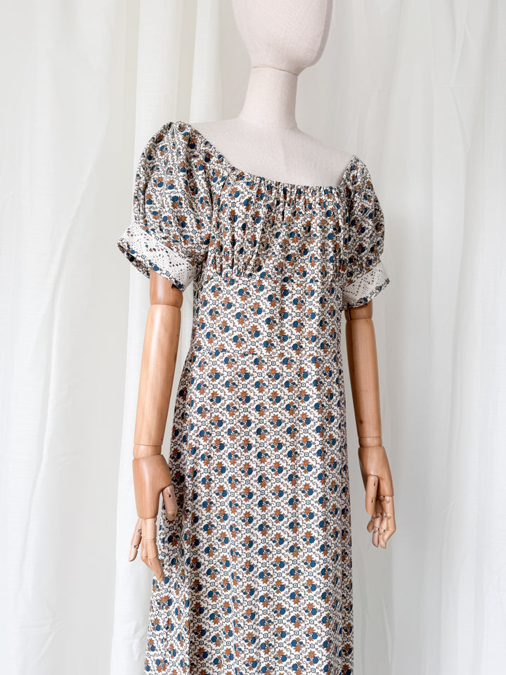 Beautiful Rare 1970s Bohemian Cotton Trellis Floral Maxi Dress