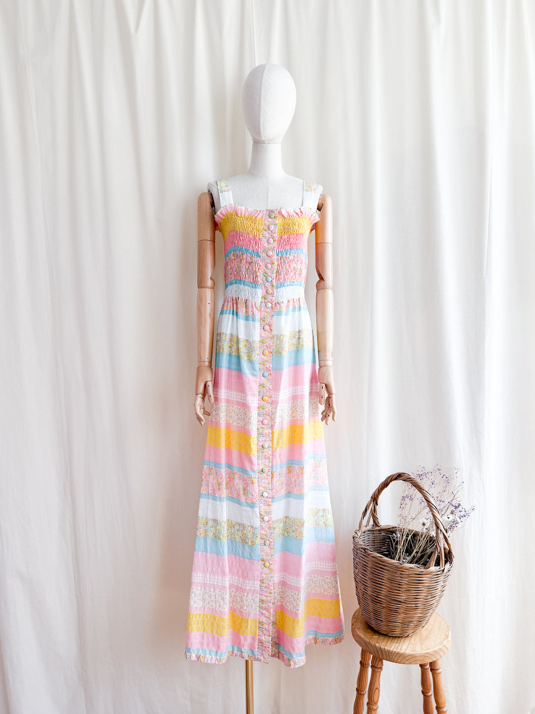 Beautiful 70s Cotton Seersucker Shirred Maxi Dress by Sundays Child
