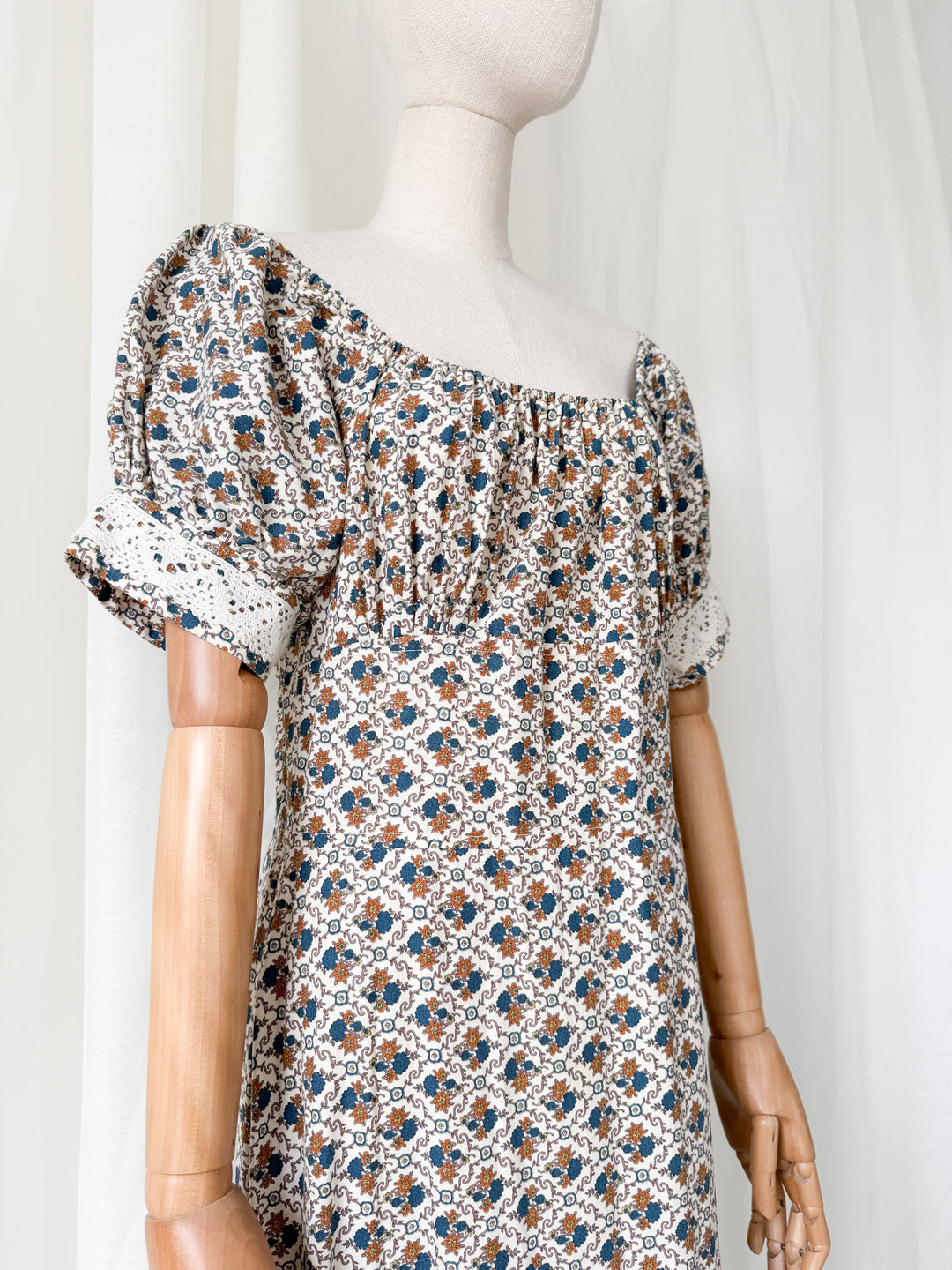 Beautiful Rare 1970s Bohemian Cotton Trellis Floral Maxi Dress