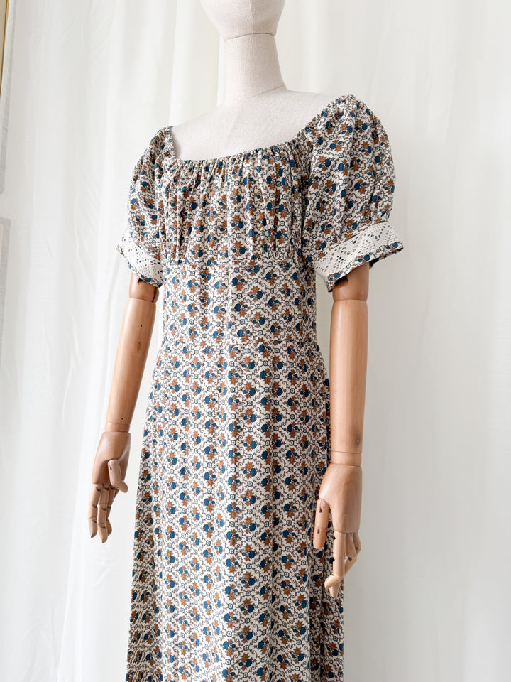 Beautiful Rare 1970s Bohemian Cotton Trellis Floral Maxi Dress