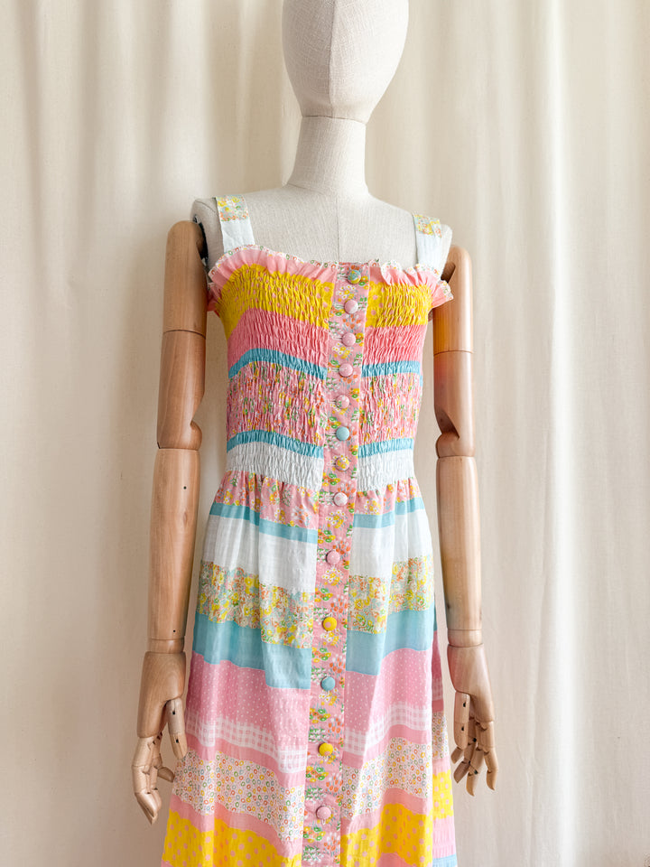 Beautiful 70s Cotton Seersucker Shirred Maxi Dress by Sundays Child