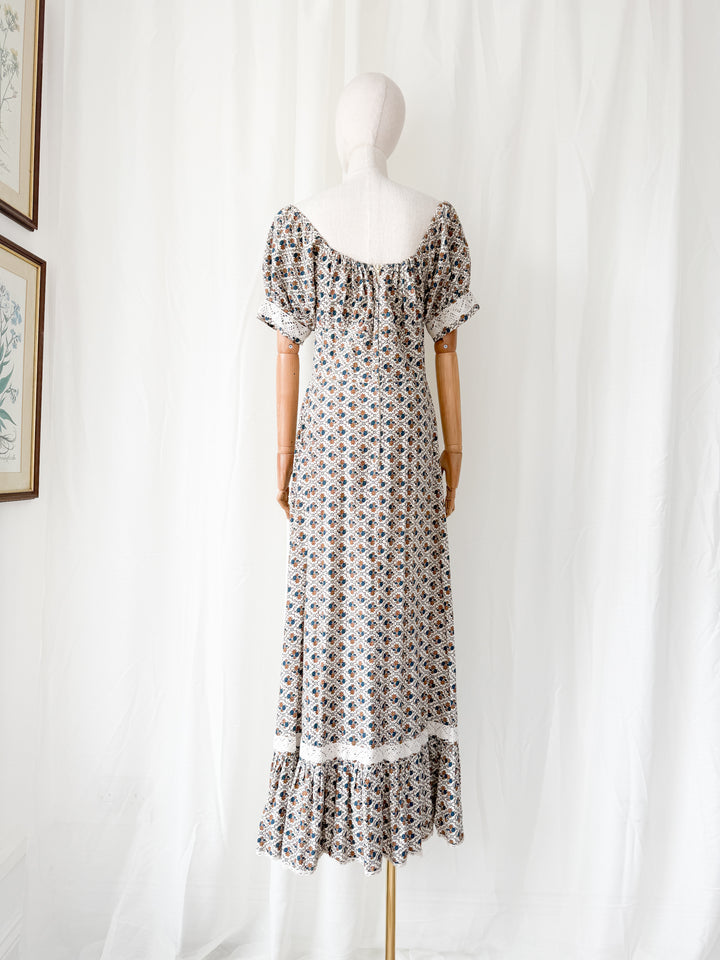 Beautiful Rare 1970s Bohemian Cotton Trellis Floral Maxi Dress