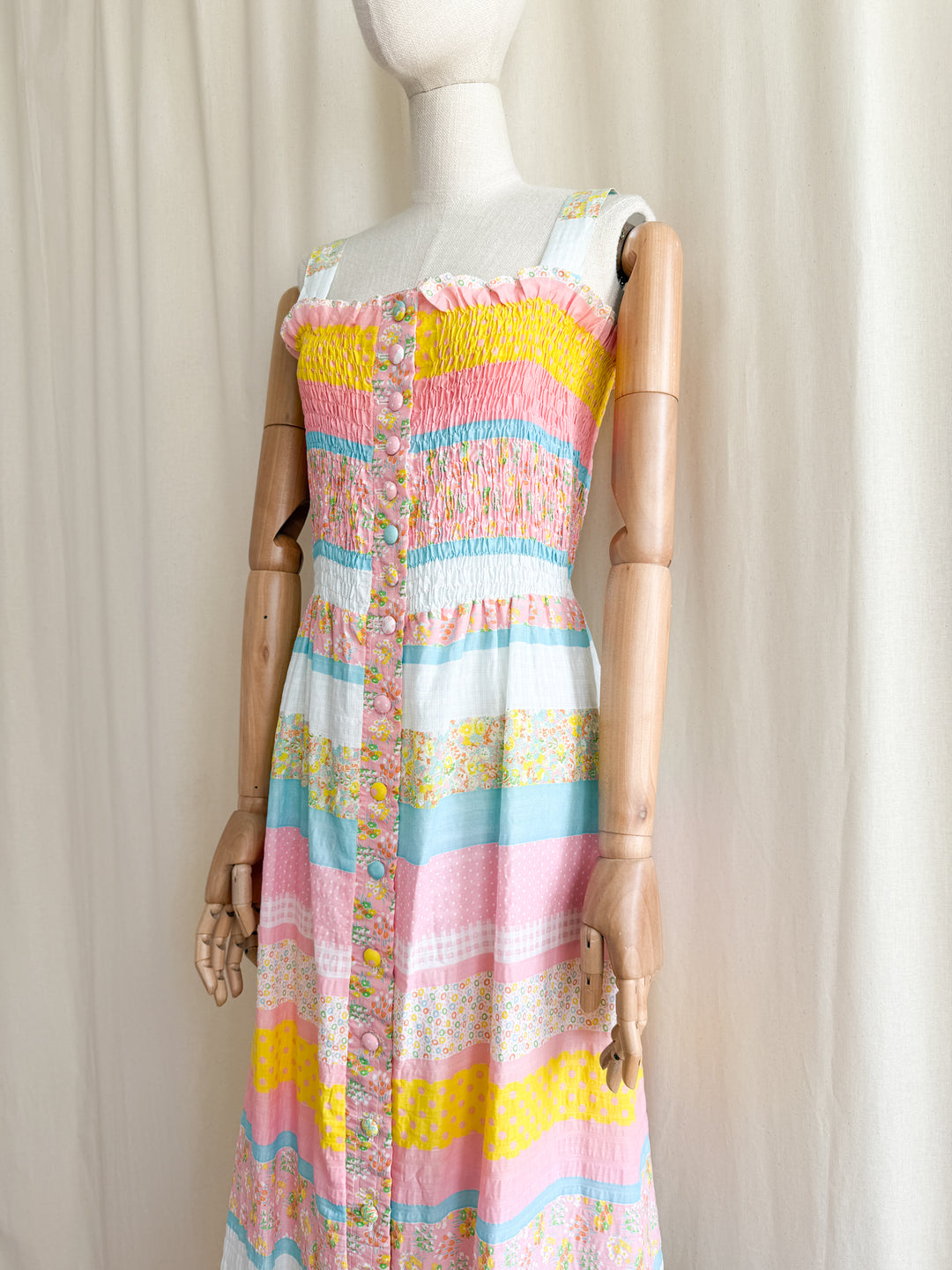 Beautiful 70s Cotton Seersucker Shirred Maxi Dress by Sundays Child