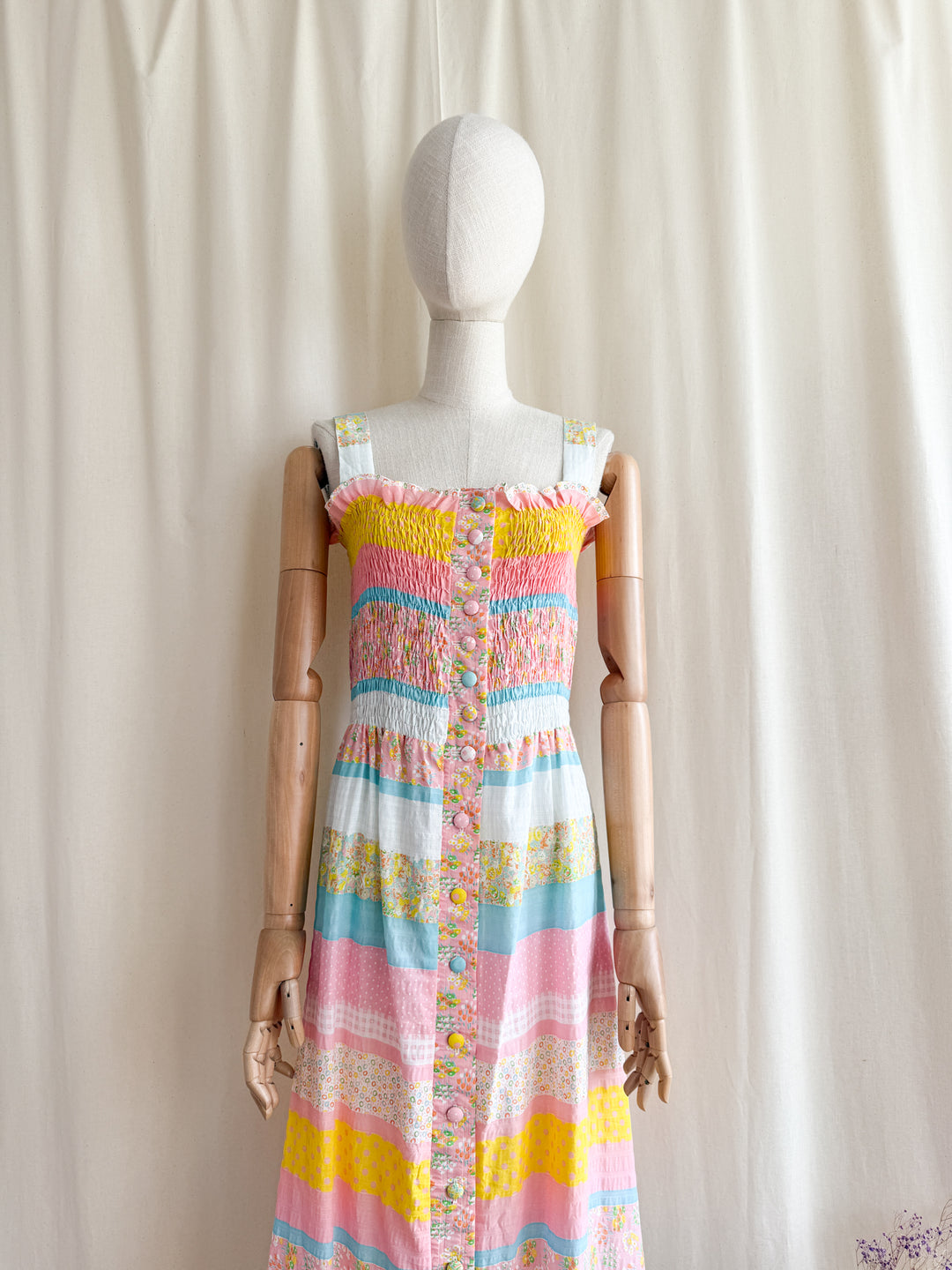 Beautiful 70s Cotton Seersucker Shirred Maxi Dress by Sundays Child