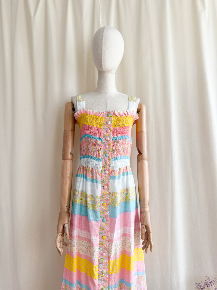 Beautiful 70s Cotton Seersucker Shirred Maxi Dress by Sundays Child